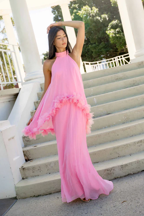Poppy Cape Gown in Pink by Elliatt available for hire in Camp Hill, QLD