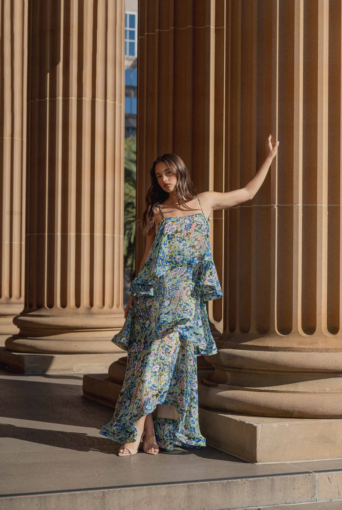 Armani Tiered Maxi Dress In Blue Floral by Elliatt available for hire in Camp Hill, QLD