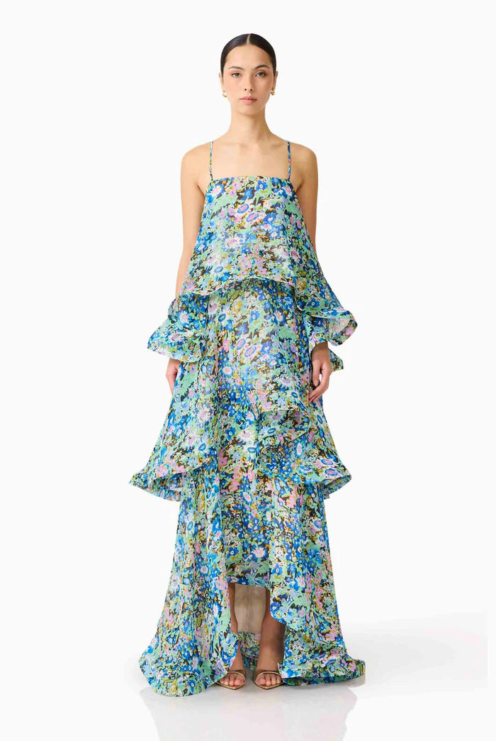Armani Tiered Maxi Dress In Blue Floral by Elliatt available for hire in Camp Hill, QLD