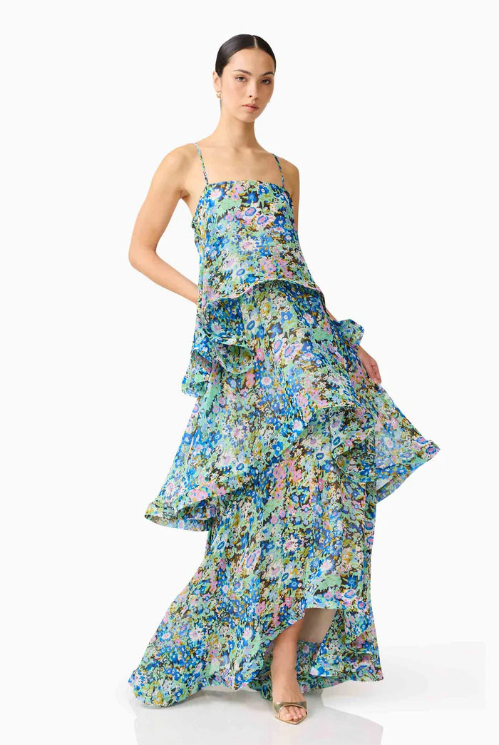 Armani Tiered Maxi Dress In Blue Floral by Elliatt available for hire in Camp Hill, QLD