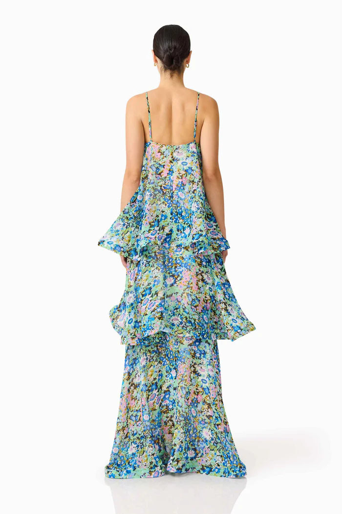Armani Tiered Maxi Dress In Blue Floral by Elliatt available for hire in Camp Hill, QLD
