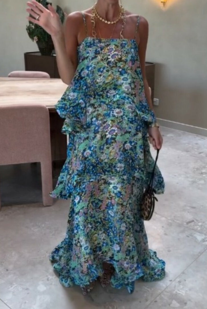 Armani Tiered Maxi Dress In Blue Floral by Elliatt available for hire in Camp Hill, QLD