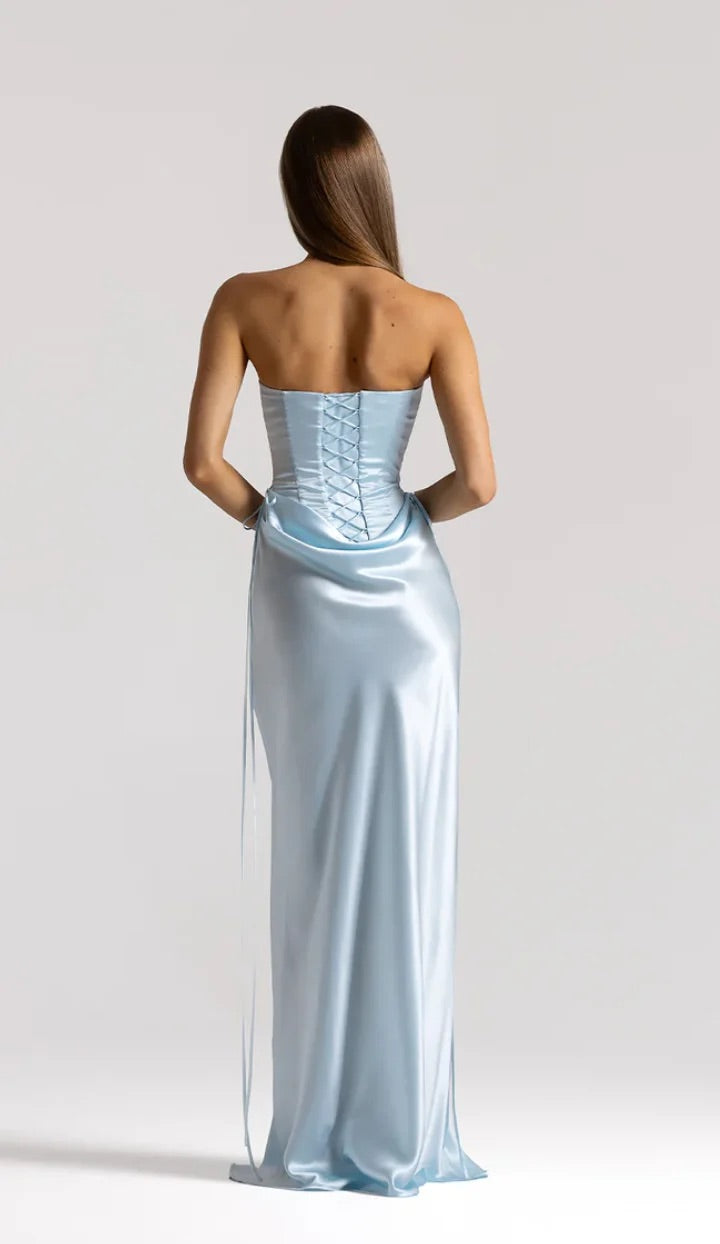 Elina Bustier + Evelyn Maxi in Ice Blue by Natalie Rolt available for hire in Gold Coast, QLD
