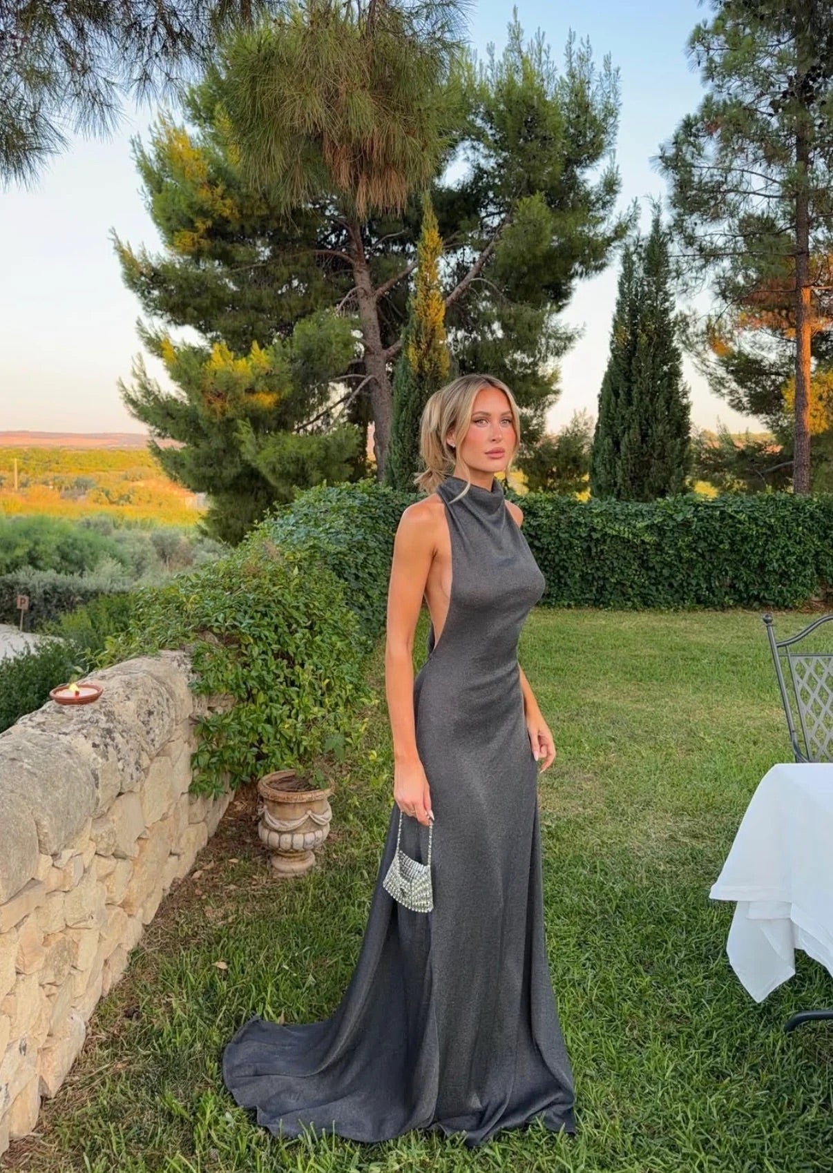 Romy Dress with Train in Chrome by Arcina Ori available for hire in Gold Coast, QLD