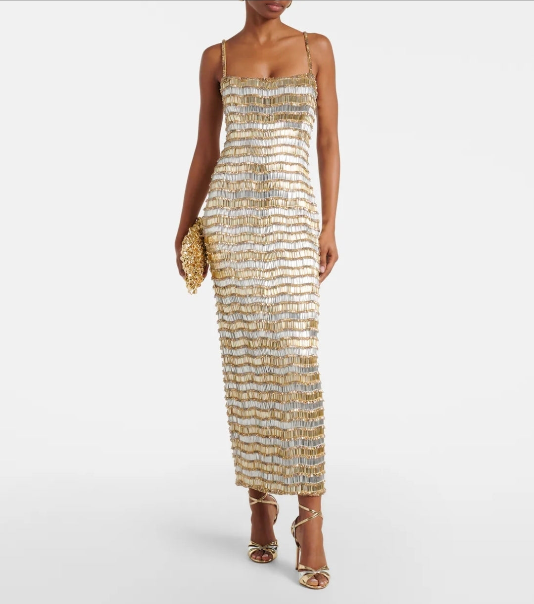 Rachel Gilbert Zeph Gown Gold Silver 4/AU14 by Rachel Gilbert available for hire in Hampton East, VIC