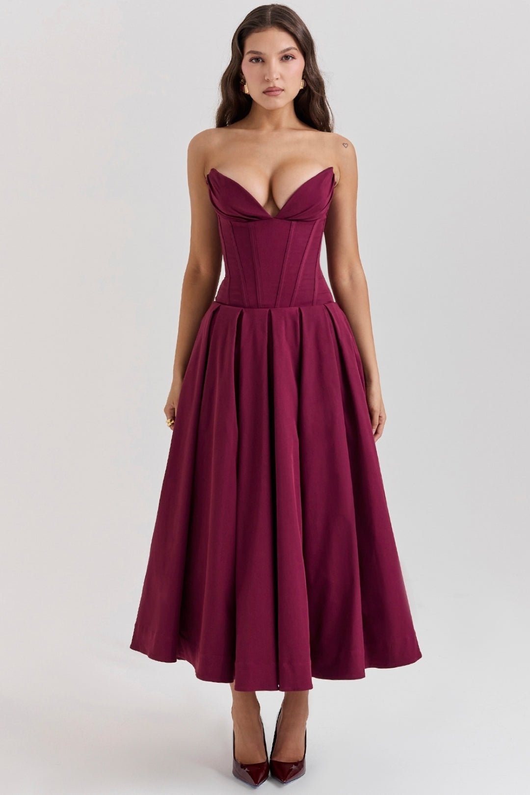 Lady Wine Strapless Midi Dress Size M by House of CB available for hire in Hampton East, VIC