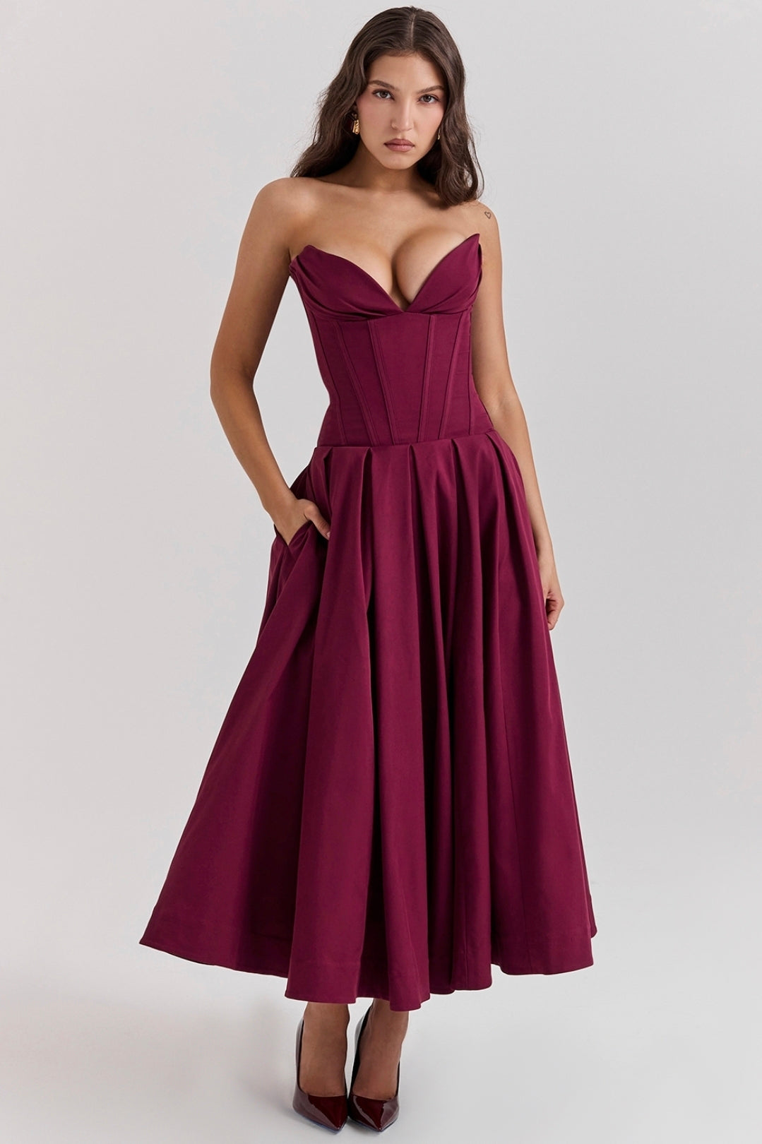 Lady Wine Strapless Midi Dress Size M by House of CB available for hire in Hampton East, VIC