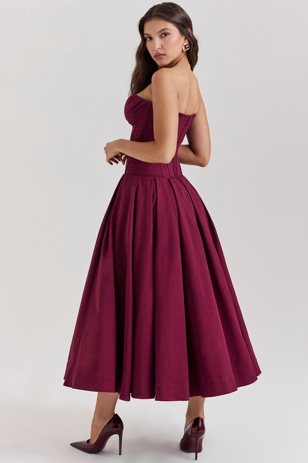 Lady Wine Strapless Midi Dress Size M by House of CB available for hire in Hampton East, VIC