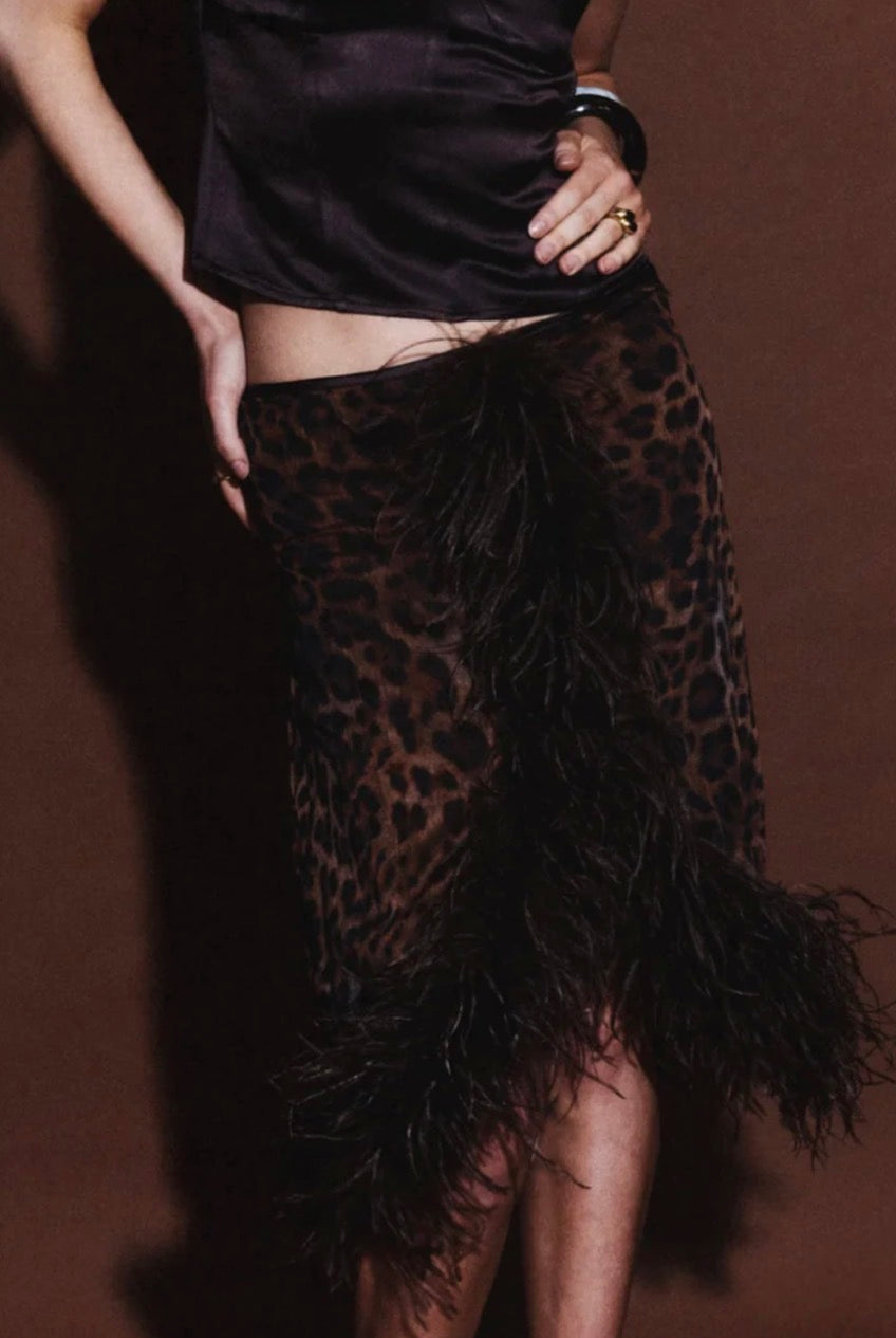 Gigi leapard feather skirt and Emma top by Bubish Luxe available for hire in Tanilba bay , NSW