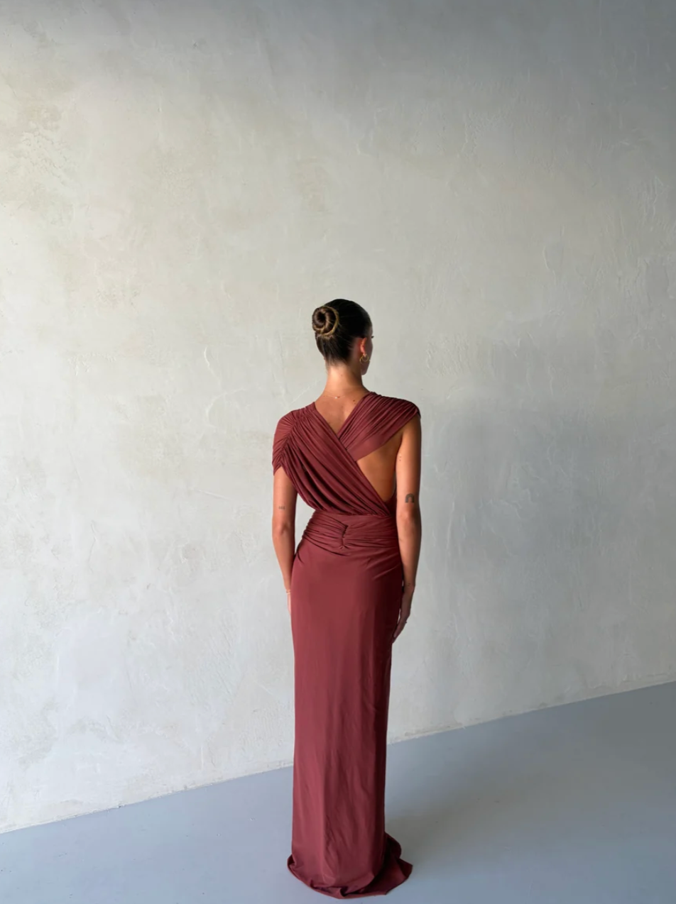 Leia Drape Dress Rust by Bec & Bridge available for hire in Cronulla, NSW