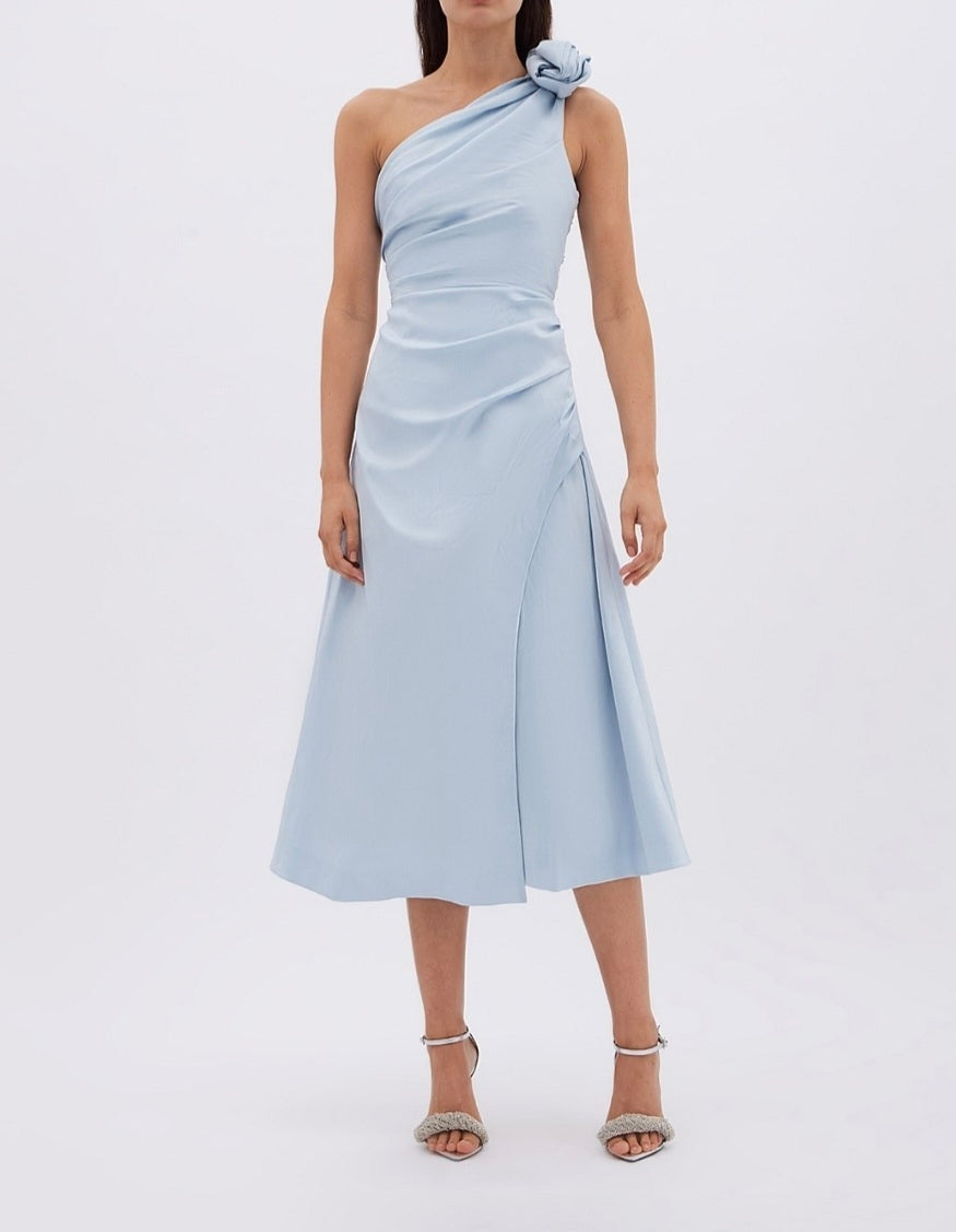 Beki Taffeta Midi Dress Ice Blue Size 10 by Rachel Gilbert available for hire in Hampton East, VIC