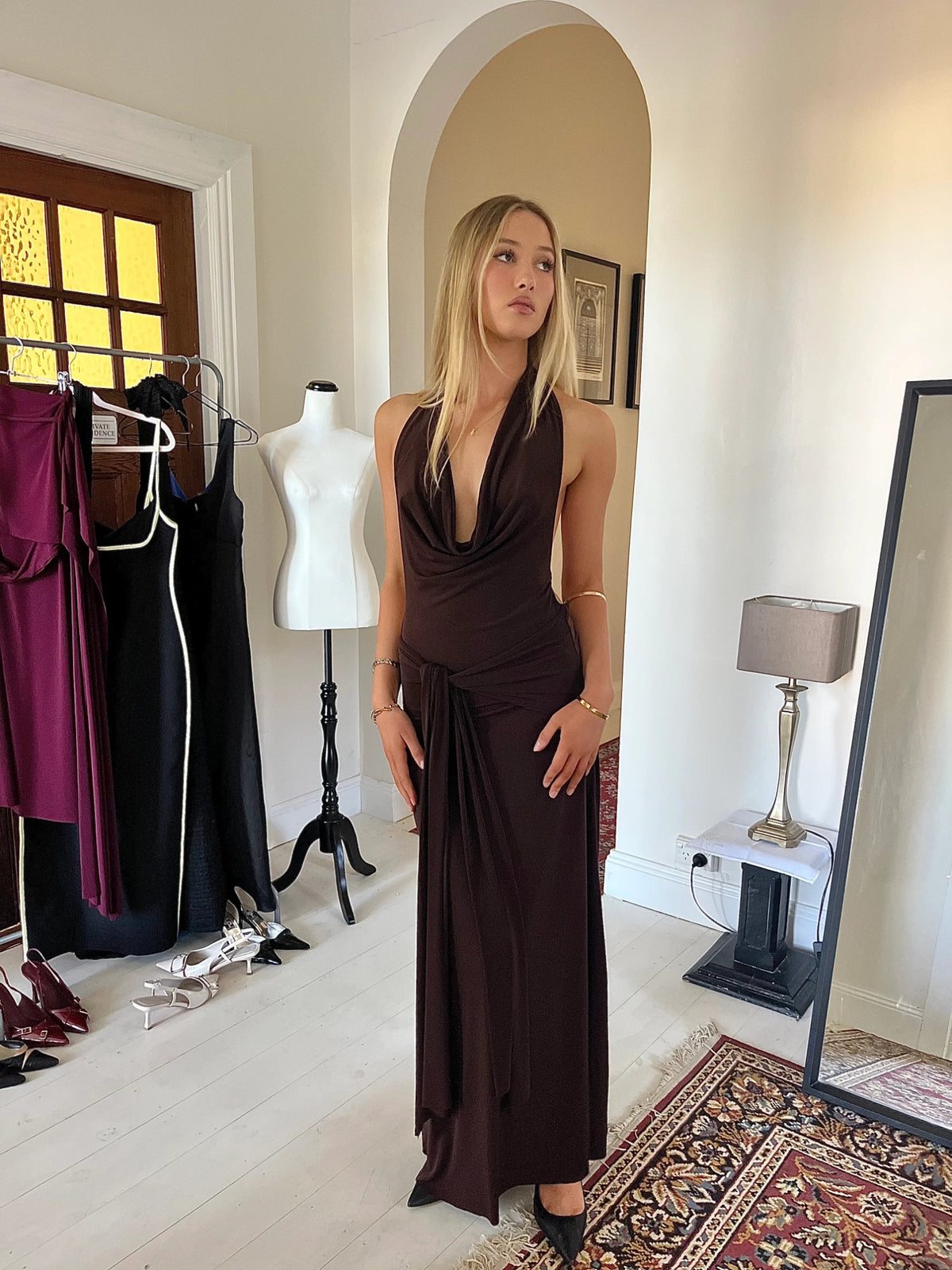 Nadia maxi dress brown by Lamarie available for hire in Gold Coast, Queensland