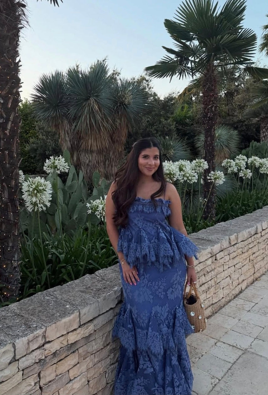 Zimmermann Eden Lace Handkerchief Dress Blue Size 1/AU10 by Zimmermann available for hire in Hampton East, VIC