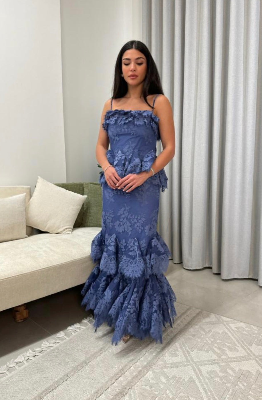 Zimmermann Eden Lace Handkerchief Dress Blue Size 1/AU10 by Zimmermann available for hire in Hampton East, VIC