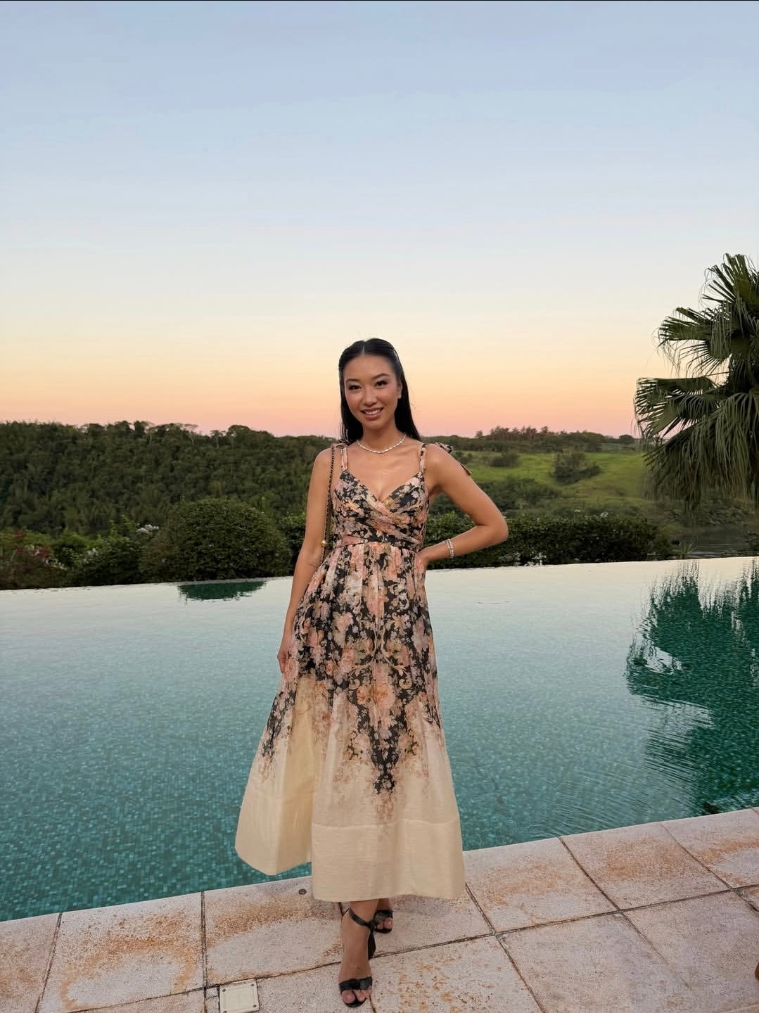 Zimmermann Illustration Midi Dress Tea Rococo Floral Size 3/AU14 by Zimmermann available for hire in Hampton East, VIC