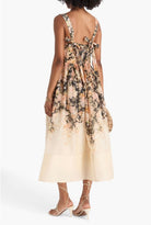 Zimmermann Illustration Midi Dress Tea Rococo Floral Size 3/AU14 by Zimmermann available for hire in Hampton East, VIC
