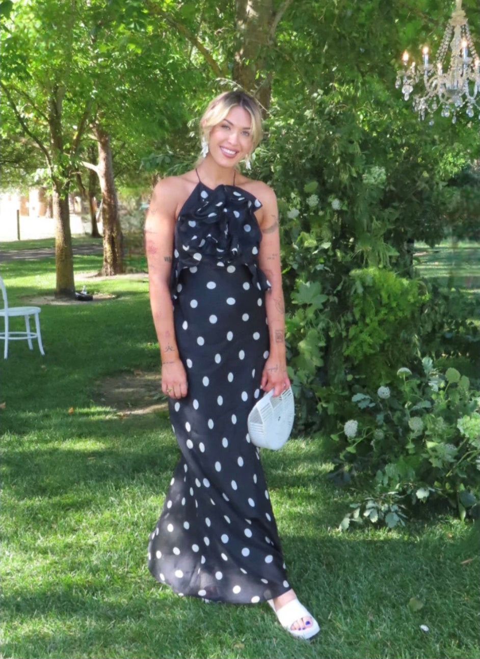 Zimmermann Crush Ruffle Halter Maxi Dress Black/Cream Dot 3/AU14 by Zimmermann available for hire in Hampton East, VIC