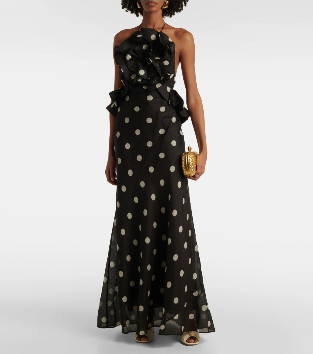Zimmermann Crush Ruffle Halter Maxi Dress Black/Cream Dot 3/AU14 by Zimmermann available for hire in Hampton East, VIC