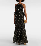 Zimmermann Crush Ruffle Halter Maxi Dress Black/Cream Dot 3/AU14 by Zimmermann available for hire in Hampton East, VIC