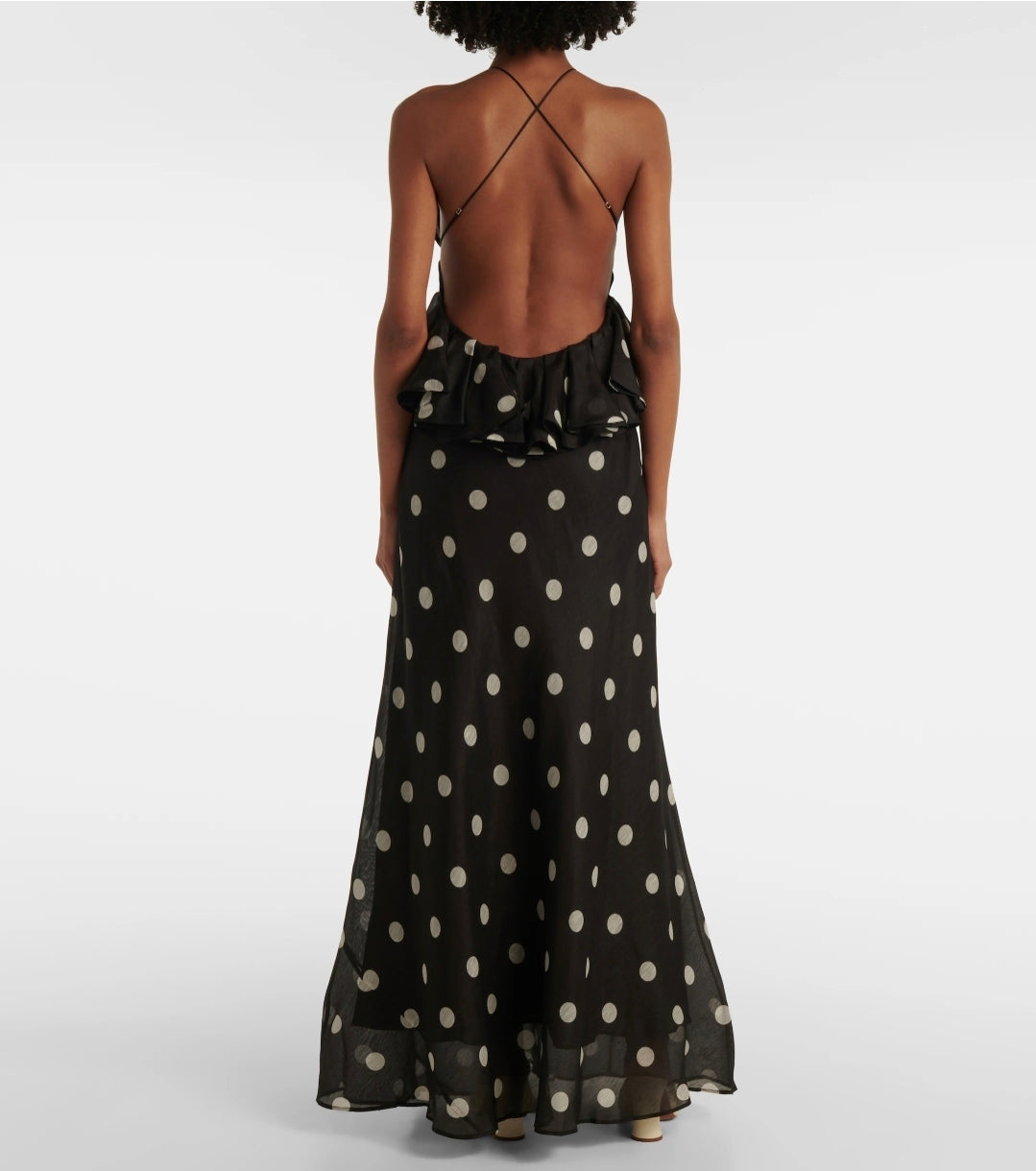 Zimmermann Crush Ruffle Halter Maxi Dress Black/Cream Dot 3/AU14 by Zimmermann available for hire in Hampton East, VIC
