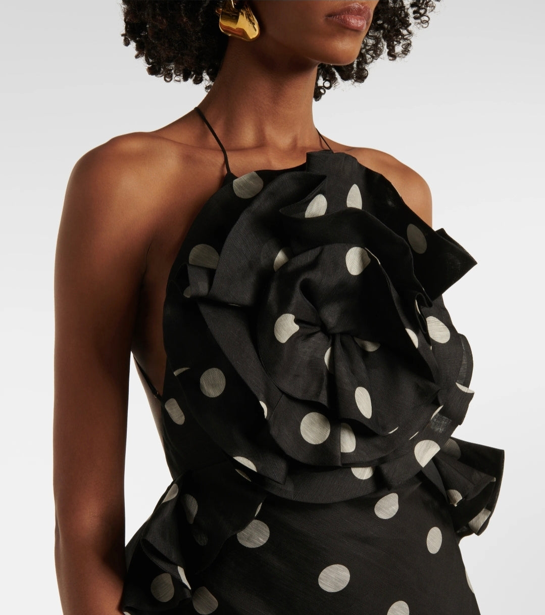 Zimmermann Crush Ruffle Halter Maxi Dress Black/Cream Dot 3/AU14 by Zimmermann available for hire in Hampton East, VIC