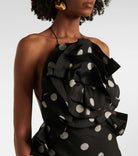 Zimmermann Crush Ruffle Halter Maxi Dress Black/Cream Dot 3/AU14 by Zimmermann available for hire in Hampton East, VIC