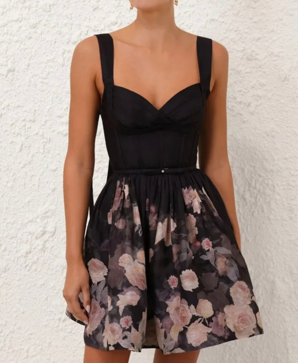 Zimmermann Crush Picnic Mini Dress Black Floral 4/AU16 by Zimmermann available for hire in Hampton East, VIC