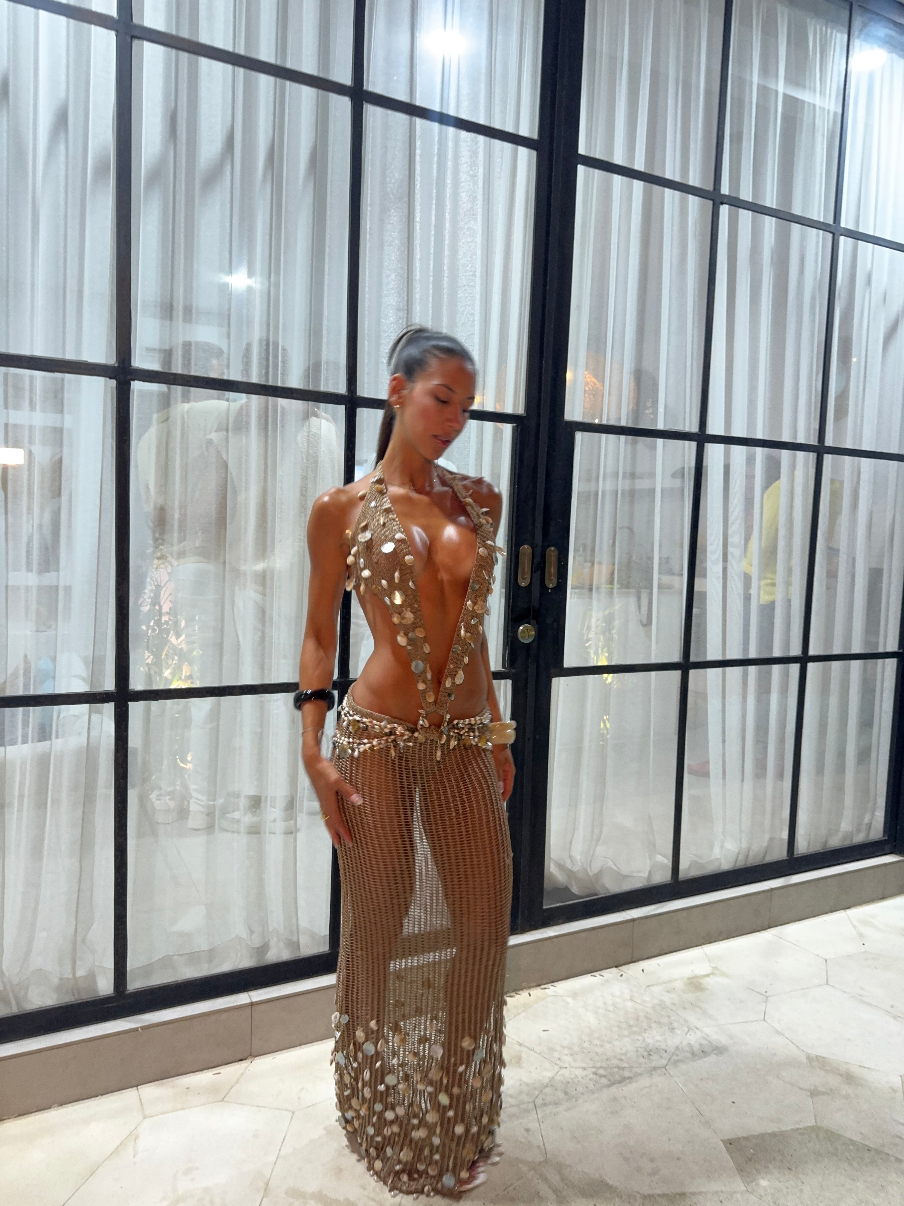 Backless crochet maxi dress  by Jaded London available for hire in Bondi, NSW