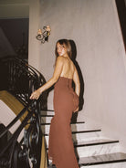 Hello gown espresso by Natalie Rolt available for hire in Hillside, VIC