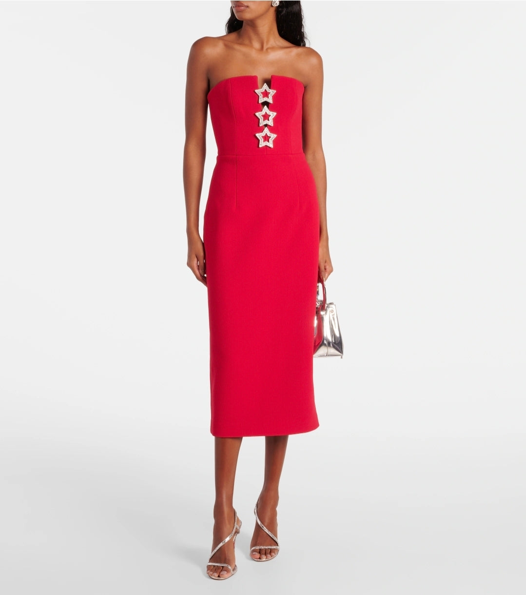 Rebecca Vallance Akari Strapless Midi Dress Red Size 8 by Rebecca Vallance available for hire in Hampton East, VIC