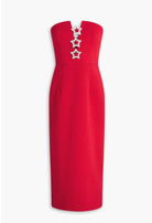 Rebecca Vallance Akari Strapless Midi Dress Red Size 8 by Rebecca Vallance available for hire in Hampton East, VIC