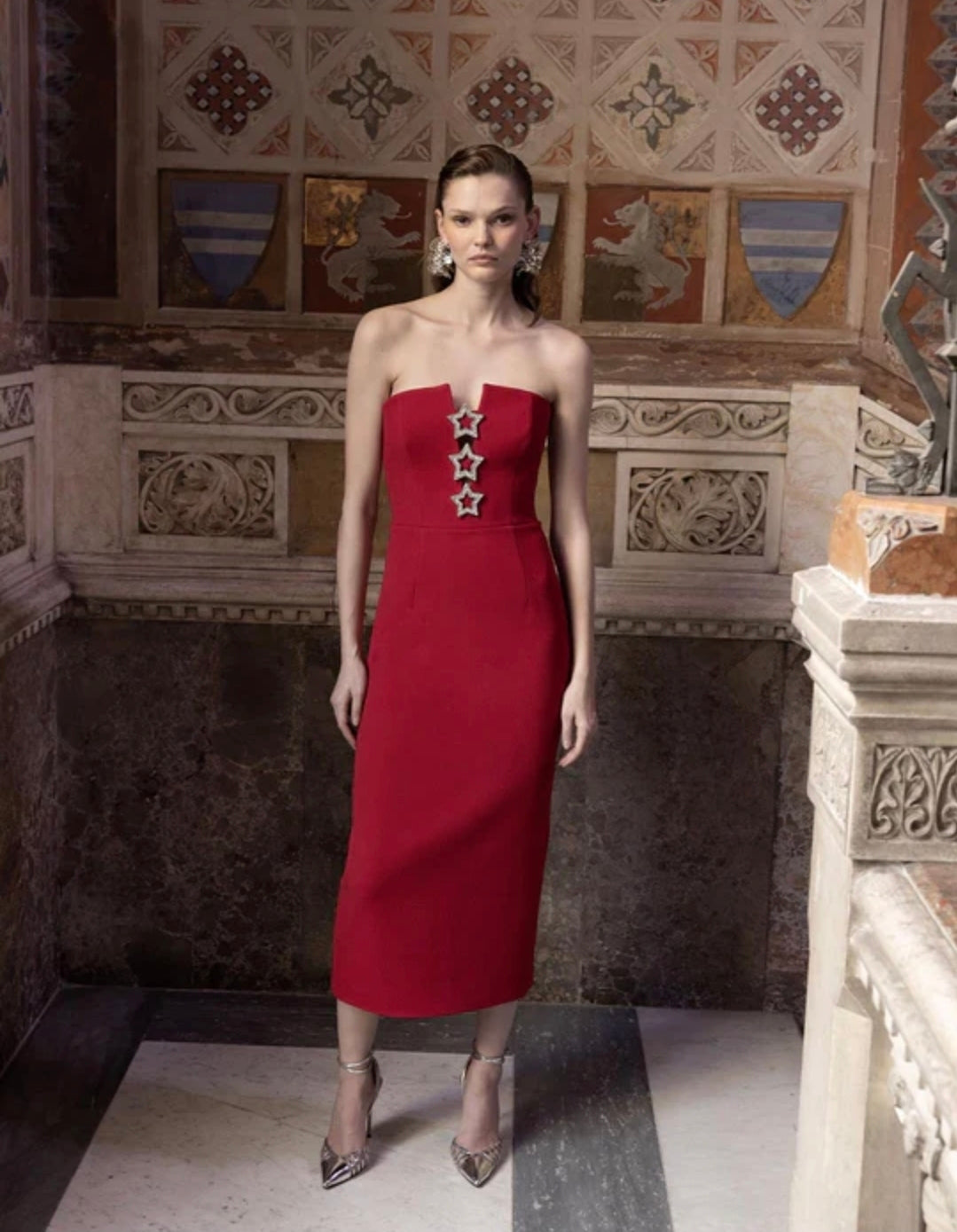 Rebecca Vallance Akari Strapless Midi Dress Red Size 8 by Rebecca Vallance available for hire in Hampton East, VIC