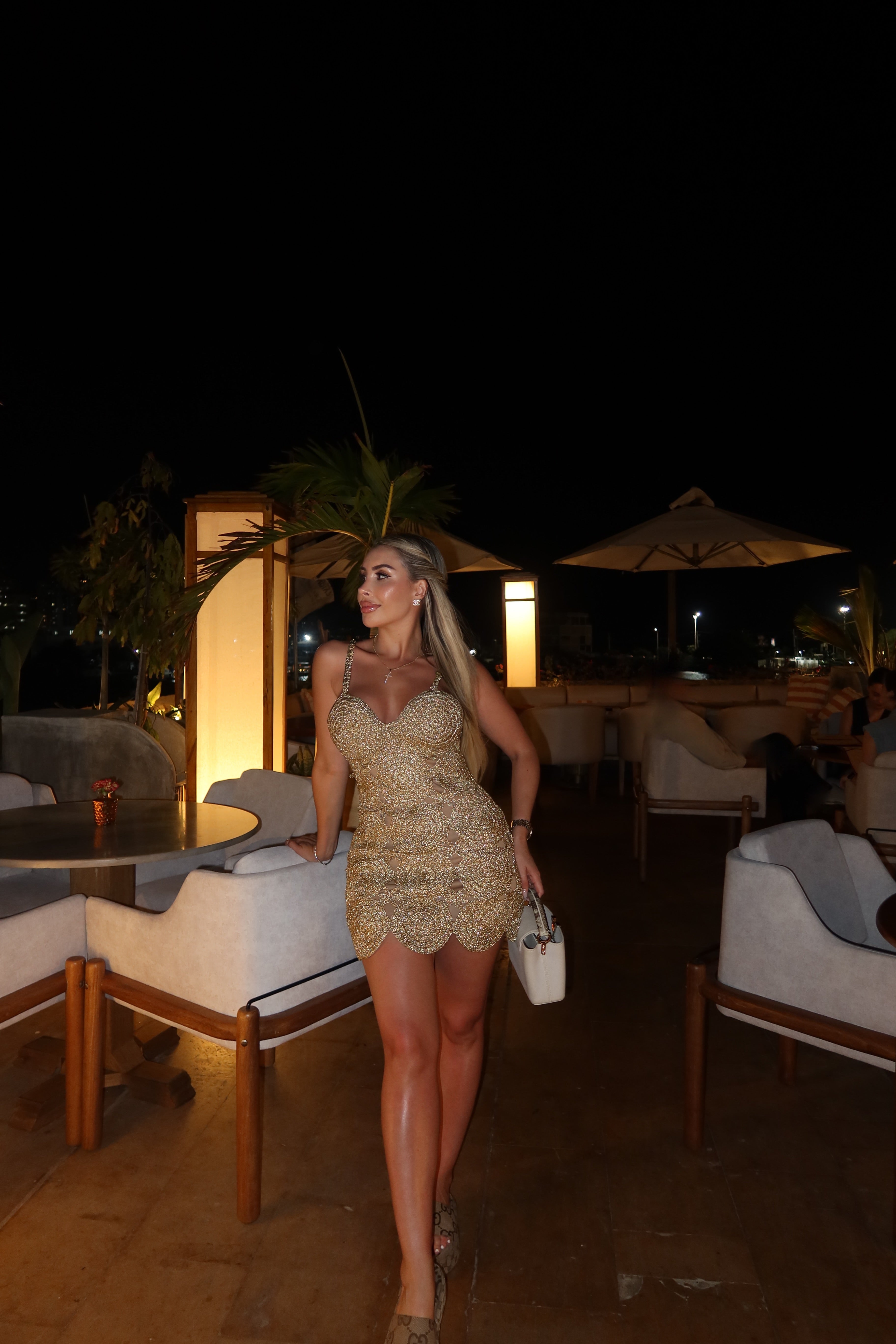 Beep Beep Mini Dress in Star Gold by Simon miller  available for hire in Bondi, NSW