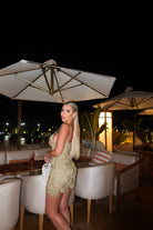 Beep Beep Mini Dress in Star Gold by Simon miller  available for hire in Bondi, NSW
