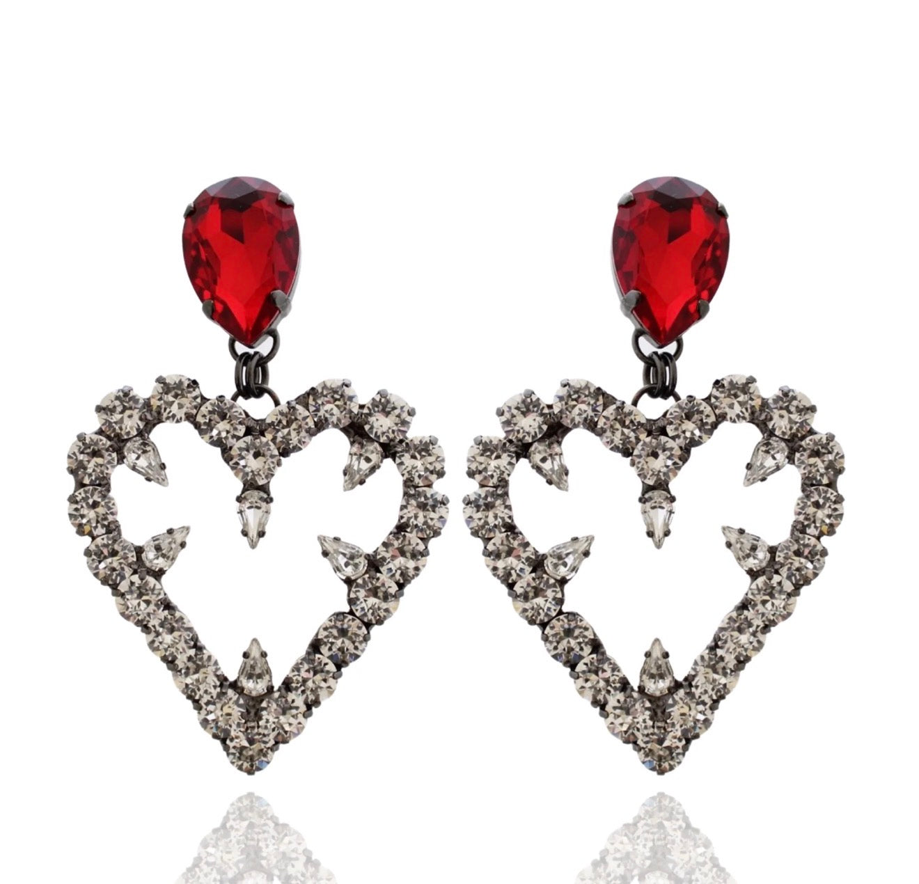 SACRED HEART RUBY & CRYSTAL EARRINGS by House of Emmanuel available for hire in Bondi, NSW