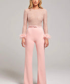 Nadine Merabi Pink Amelia Pearl Sequinned Feather Trim Cuff Jumpsuit by Nadine Merabi available for hire in Australia