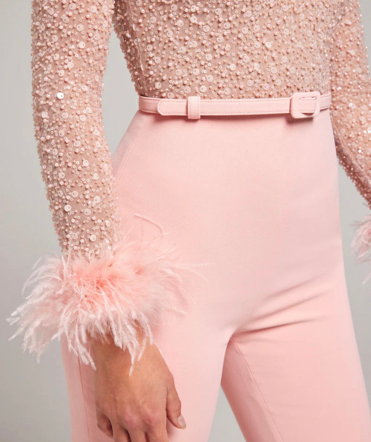 Nadine Merabi Pink Amelia Pearl Sequinned Feather Trim Cuff Jumpsuit by Nadine Merabi available for hire in Australia