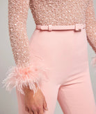 Nadine Merabi Pink Amelia Pearl Sequinned Feather Trim Cuff Jumpsuit by Nadine Merabi available for hire in Australia