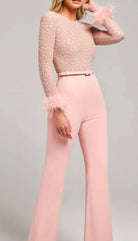 Nadine Merabi Pink Amelia Pearl Sequinned Feather Trim Cuff Jumpsuit by Nadine Merabi available for hire in Australia