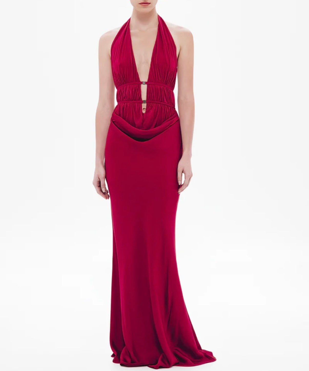 Celine Red Satin Maxi Dress  by Misha available for hire in Mermaid Beach, QLD