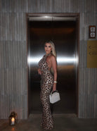 Cristine leopard sequin halter  by Jessica bara  available for hire in Bondi, NSW