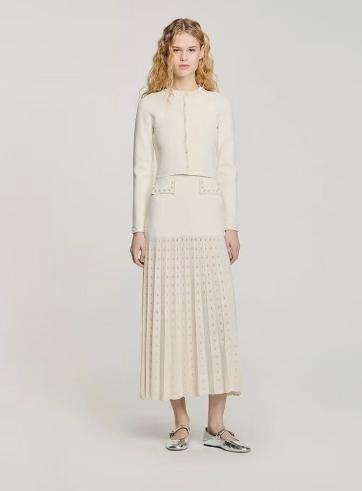 Sandro White Pearl edge Set dress with cardigan by Sandro available for hire in Australia