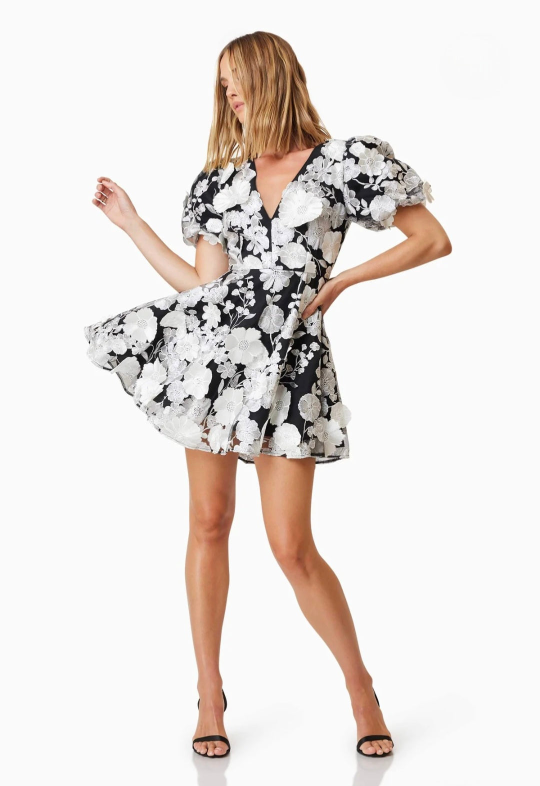 Elliatt Selene Floral Mini Dress Black Size M by Elliatt available for hire in Hampton East, VIC
