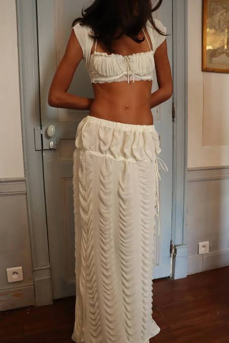 ANTOINETTE BRA TOP AND MARION SKIRT SET IVORY by Fait Par Foutch available for hire in Australia