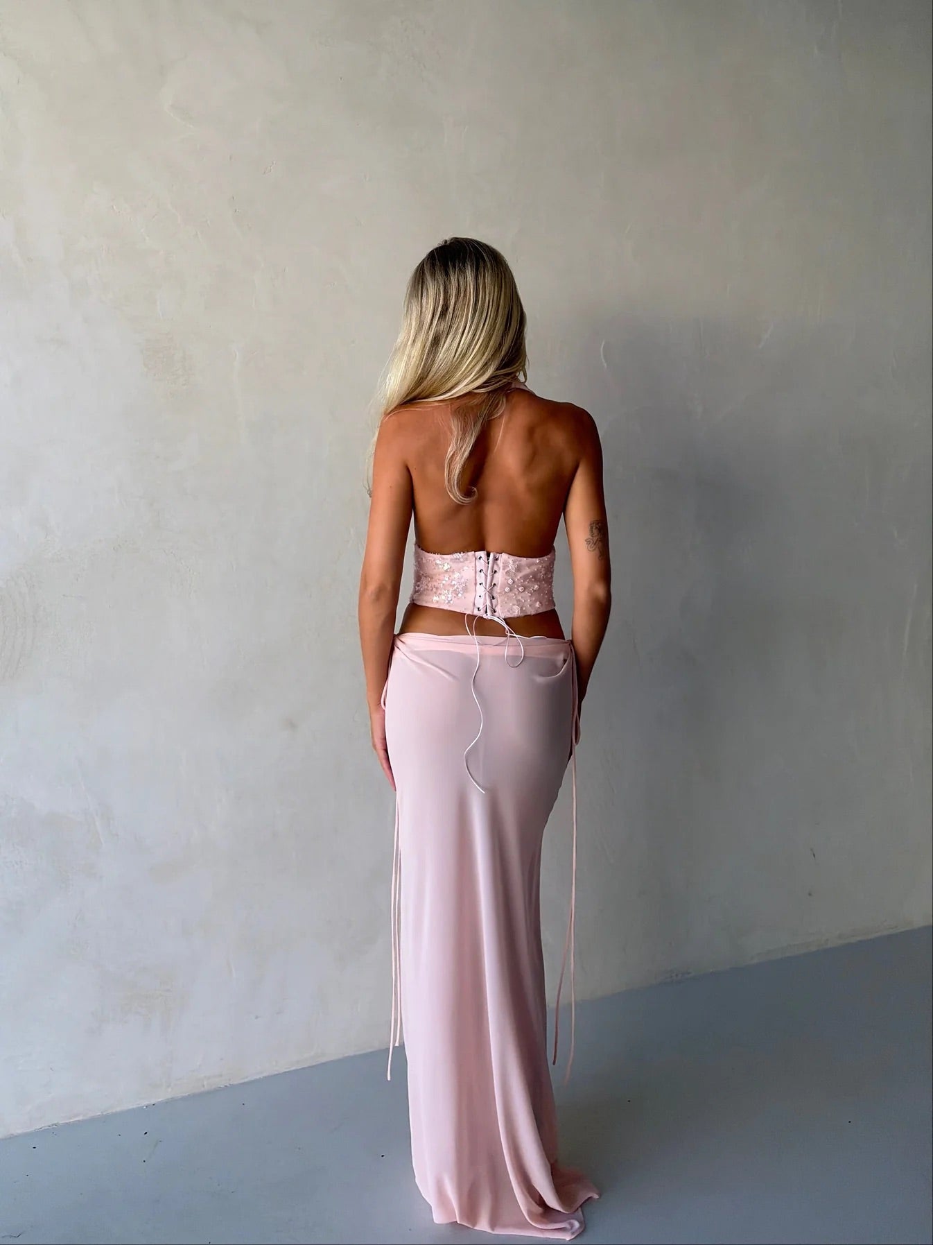 Bronte Top + Allira Maxi Skirt in Baby Pink by Natalie Rolt available for hire in Gold Coast, QLD