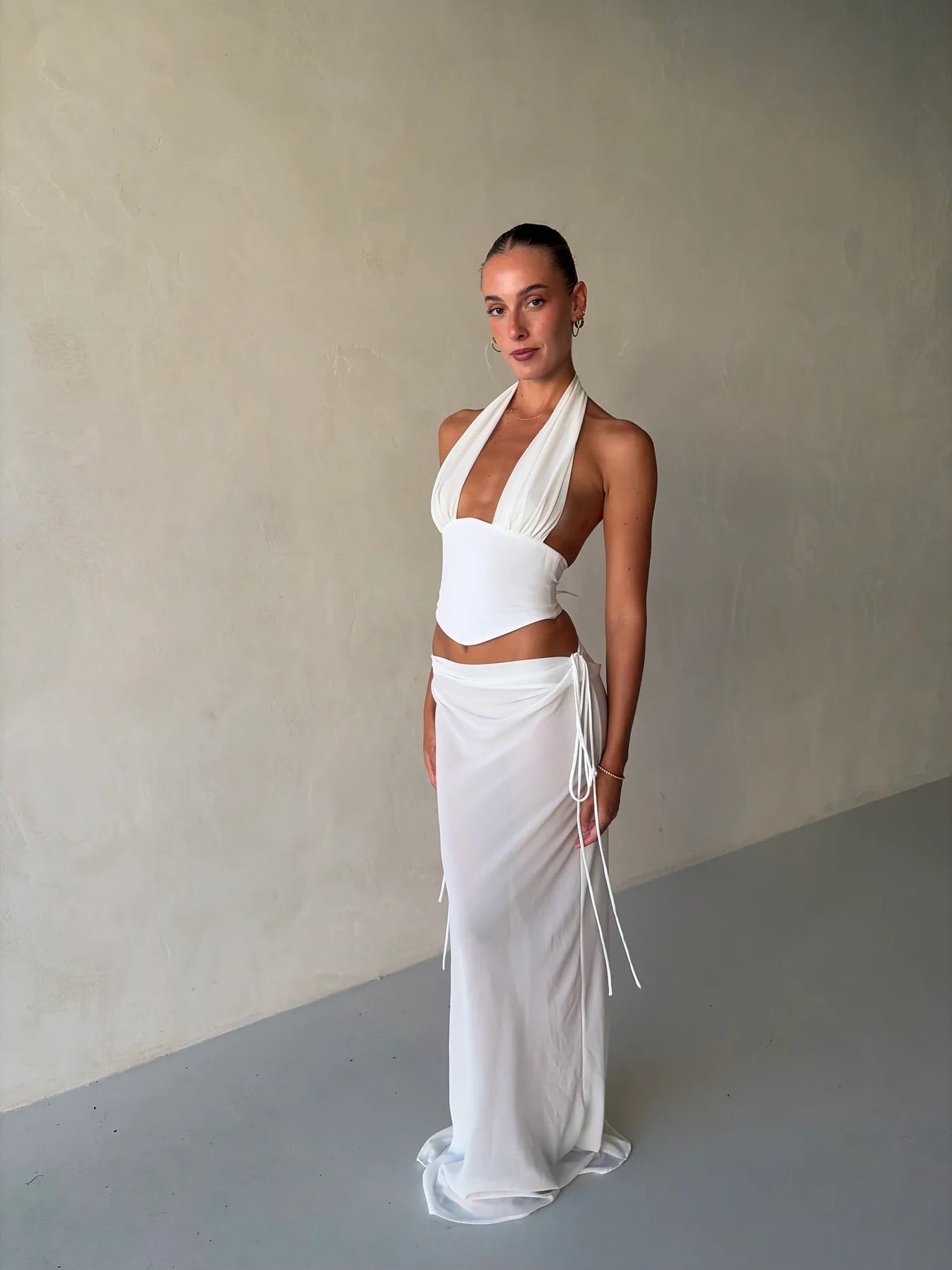 Bronte Top + Allira Skirt In White by Natalie Rolt available for hire in Gold Coast, QLD