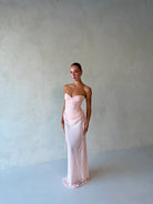 Verity Bustier + Allira Maxi Skirt in Baby Pink by Natalie Rolt available for hire in Gold Coast, QLD
