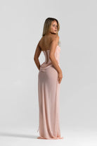 Verity Bustier + Allira Maxi Skirt in Baby Pink by Natalie Rolt available for hire in Gold Coast, QLD