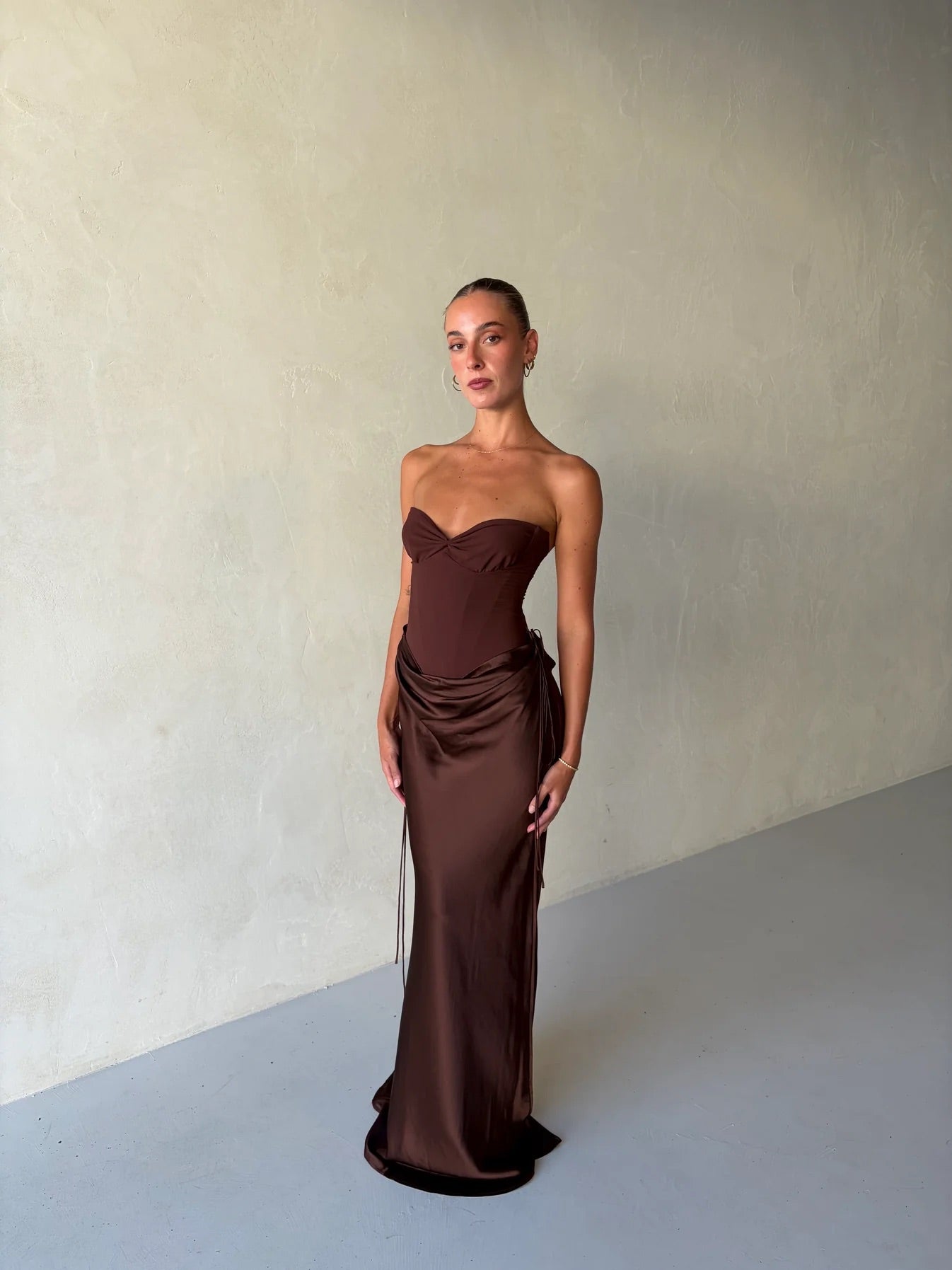 Verity Bustier + Evelyn Maxi In Espresso by Natalie Rolt available for hire in Gold Coast, QLD