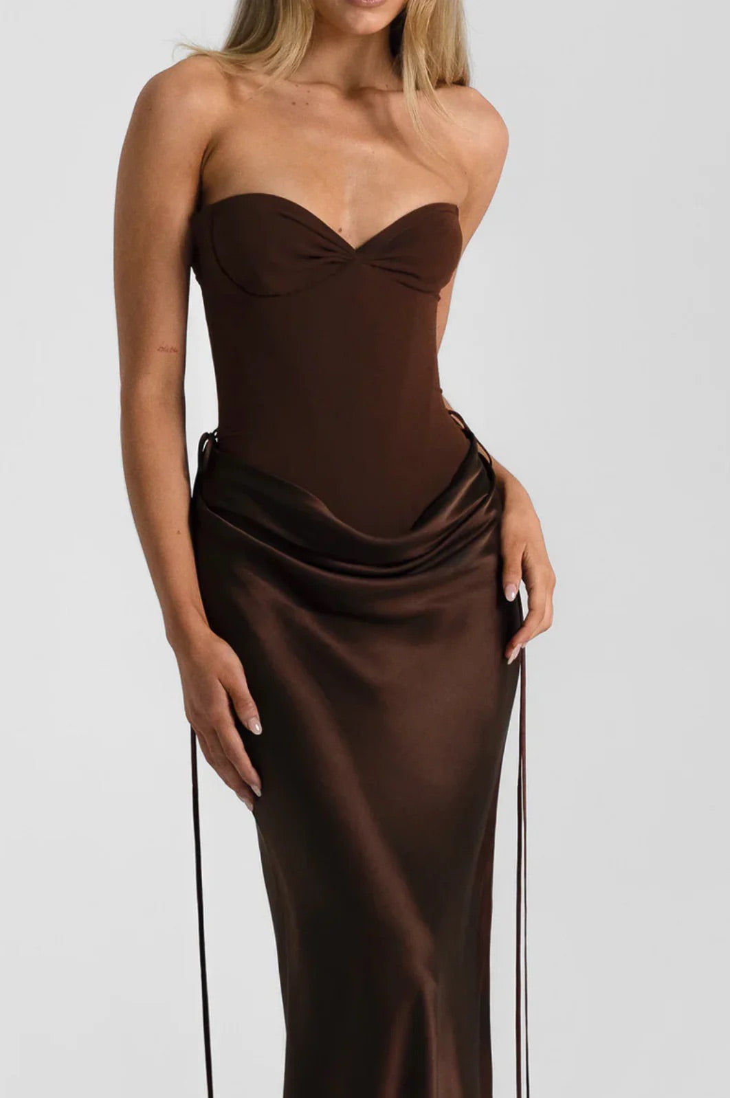Verity Bustier + Evelyn Maxi In Espresso by Natalie Rolt available for hire in Gold Coast, QLD